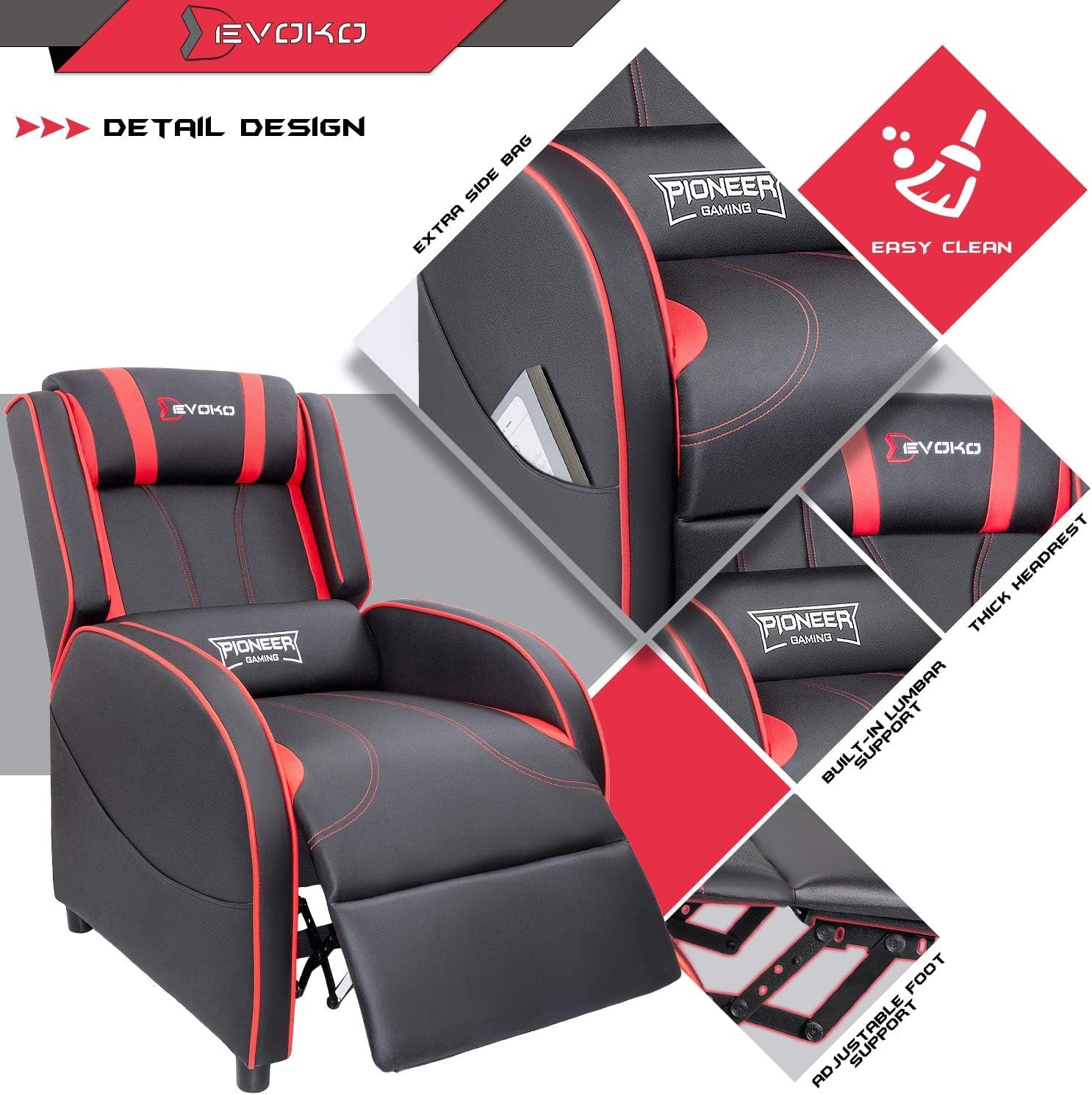 Massage Gaming Recliner Chair PU Leather Home Theater Seating Single Modern Living Room Sofa Recliners (Red)