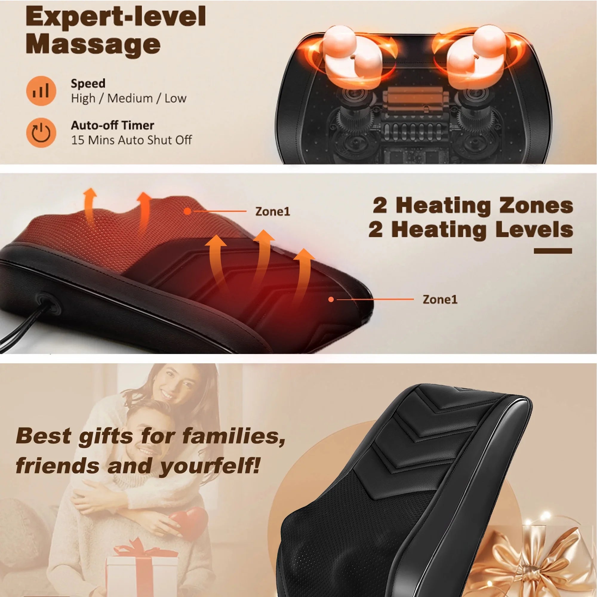 Neck & Back Massager with Heat — 3D Deep-Kneading Shiatsu Pillow, Black — Home Use & Gift for Mom & Dad