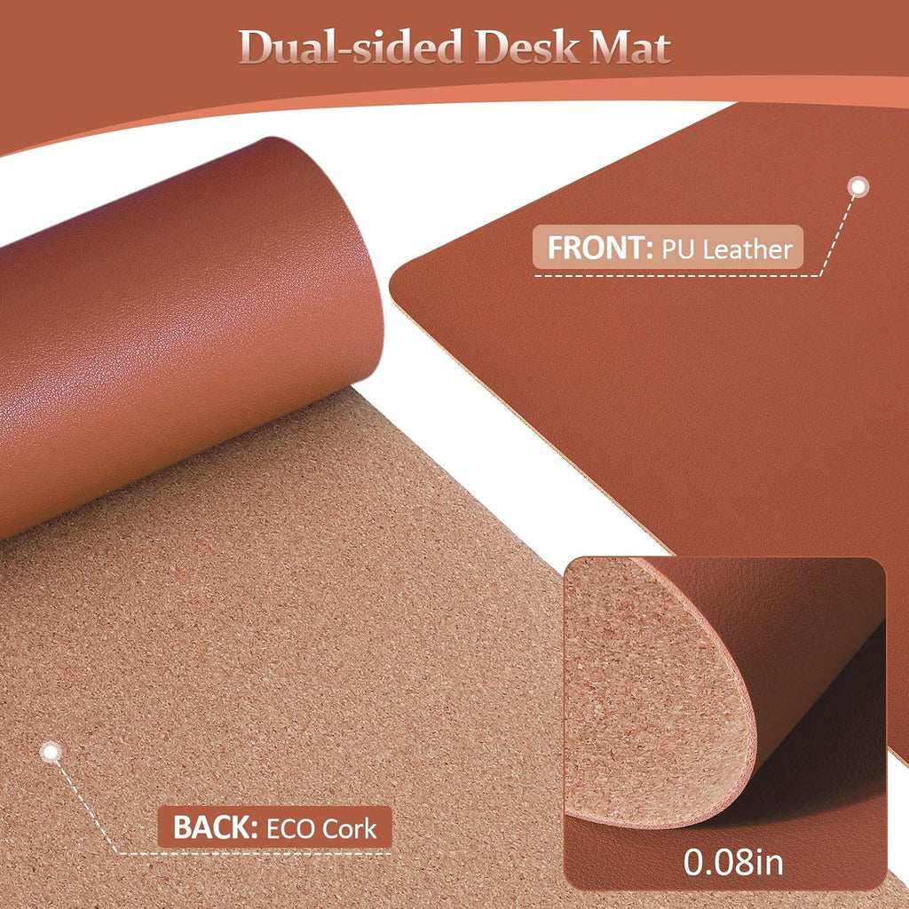 Leather Desk Pad - 39" X 20" Office Mat, Large Mouse Pad Protector, Desktop Mat, Writing Pad, Blotter, Cover (Cork+Brown)