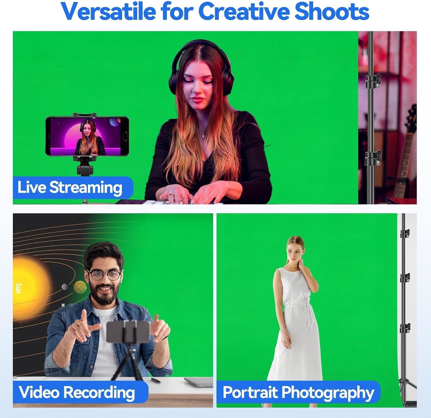 8.5 X 10Ft Green Screen Backdrop Kit with Tripod Stand, Photography Background Support System with 10 X12Ft 100% Cotton Muslin Chromakey Curtain for Photo Studio, Video Shooting, Live Streaming