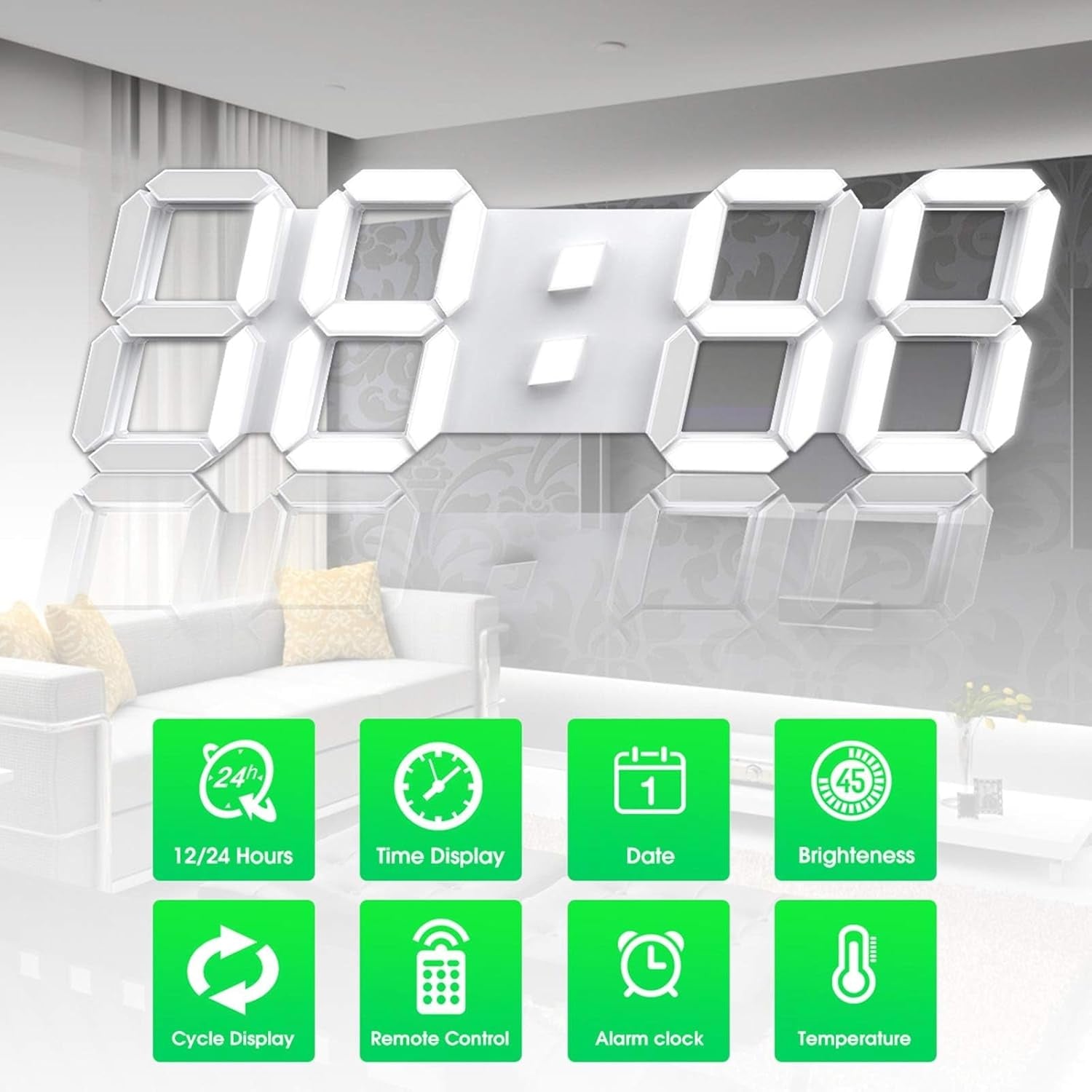 3D LED Wall Clock 15” with Remote Control, Alarm Clock for Office Home, Adjustable Brightness, 12/24 Hour Display, Night Light, Temperature, Looping Display