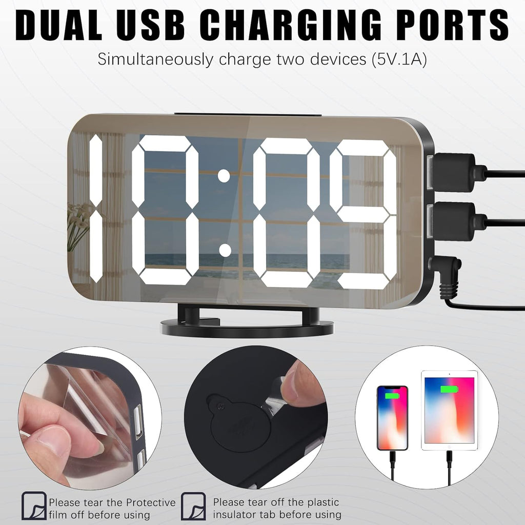 Digital Alarm Clock, Large LED Display, with USB Charger, Snooze Function Dim Mode Wall Hanging beside Desk Clock for Bedroom Black Room Decor
