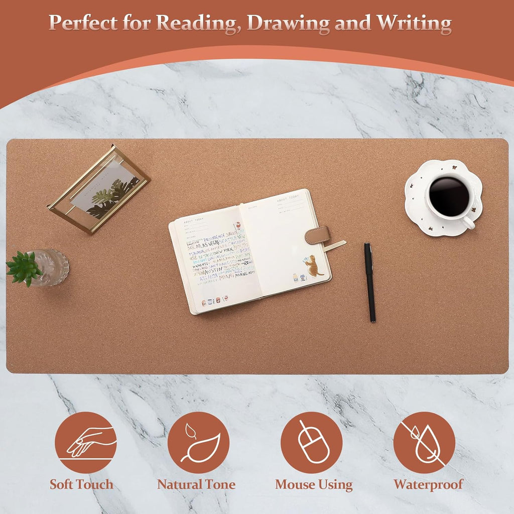 Leather Desk Pad - 39" X 20" Office Mat, Large Mouse Pad Protector, Desktop Mat, Writing Pad, Blotter, Cover (Cork+Brown)