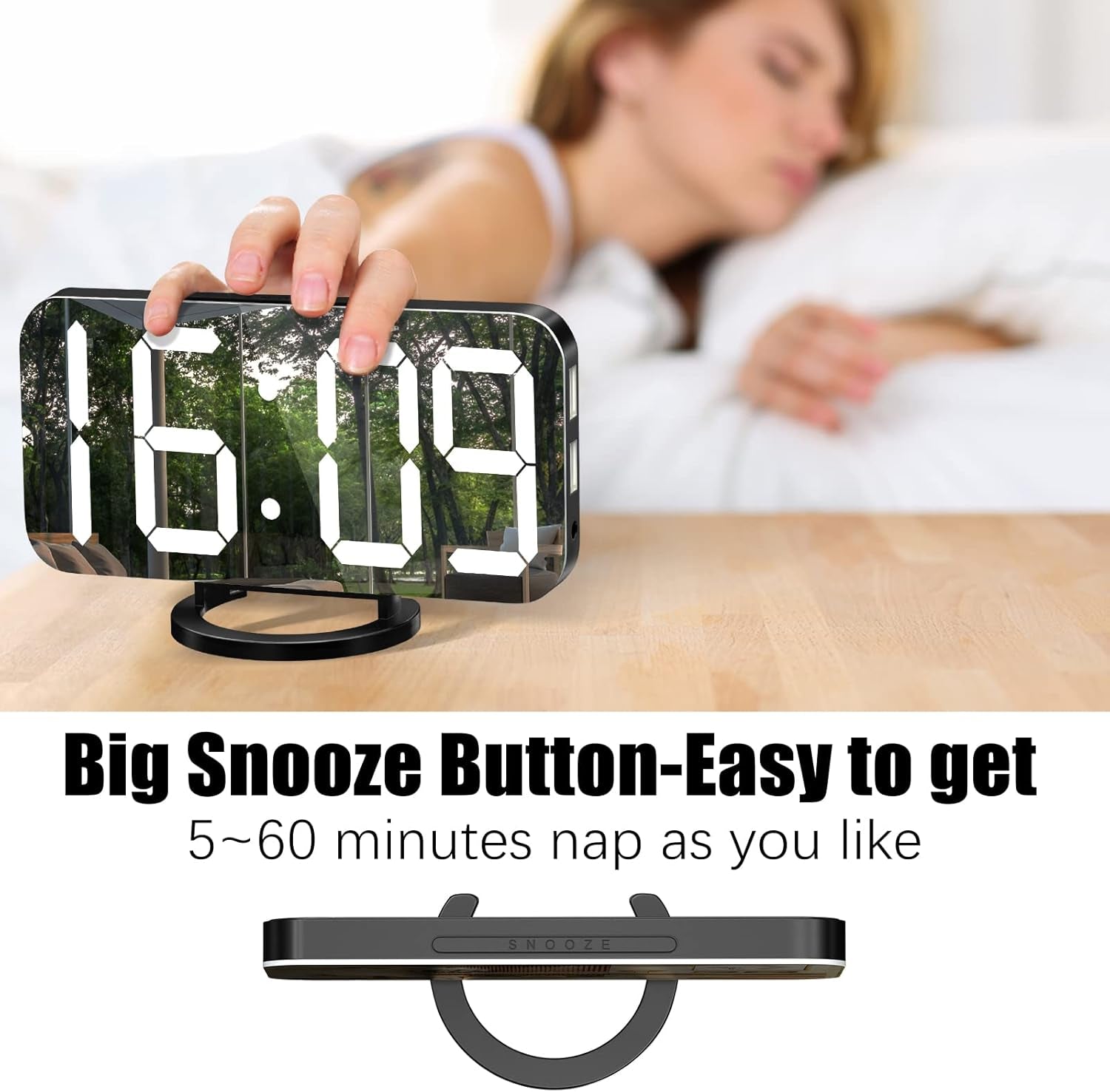 Digital Alarm Clock, Large LED Display, with USB Charger, Snooze Function Dim Mode Wall Hanging beside Desk Clock for Bedroom Black Room Decor