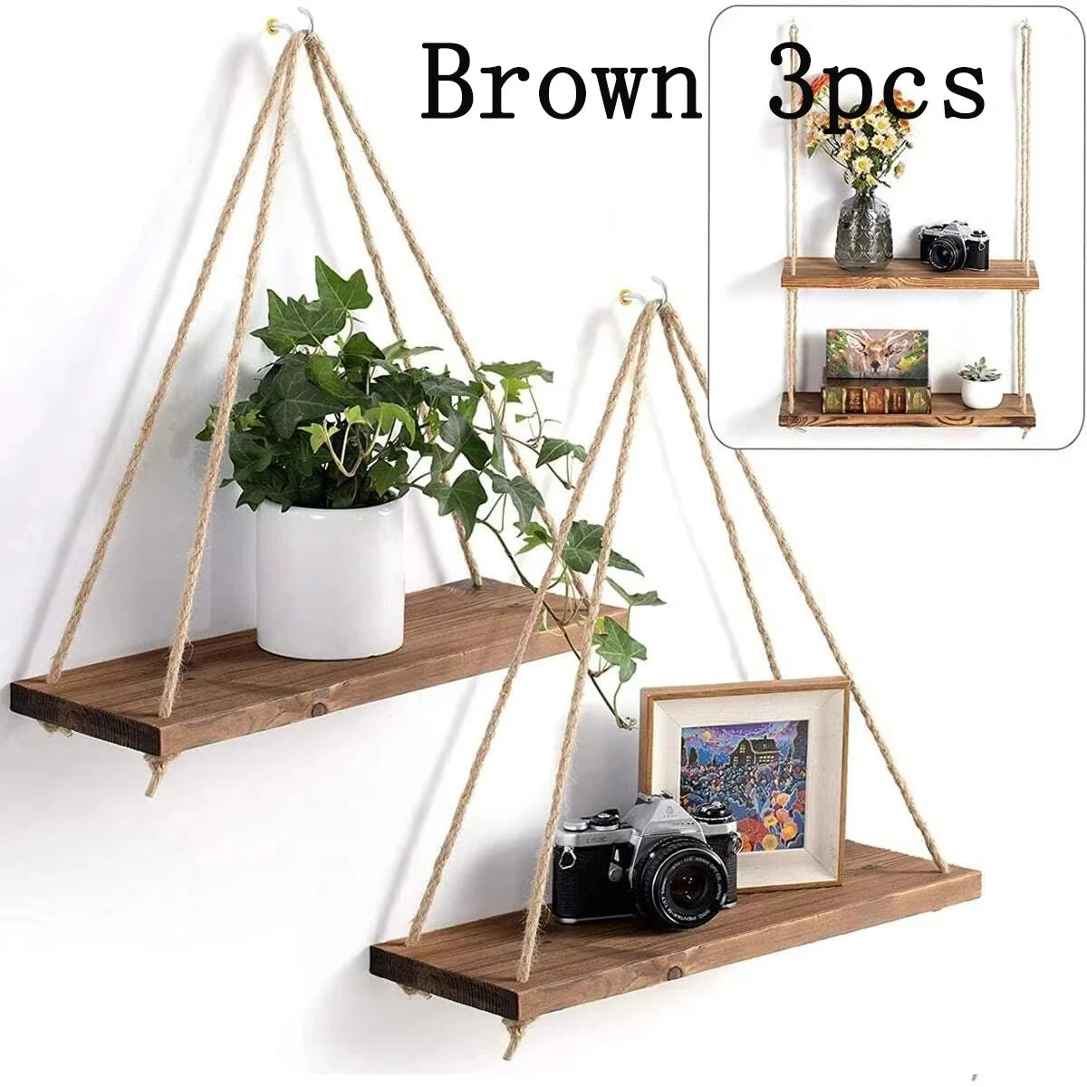 Hanging Wooden Wall Shelf with Rope
