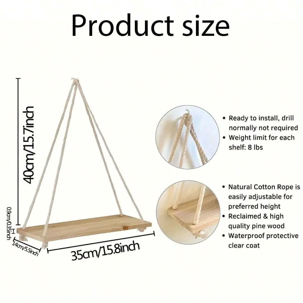 Hanging Wooden Wall Shelf with Rope