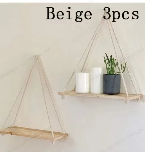 Hanging Wooden Wall Shelf with Rope