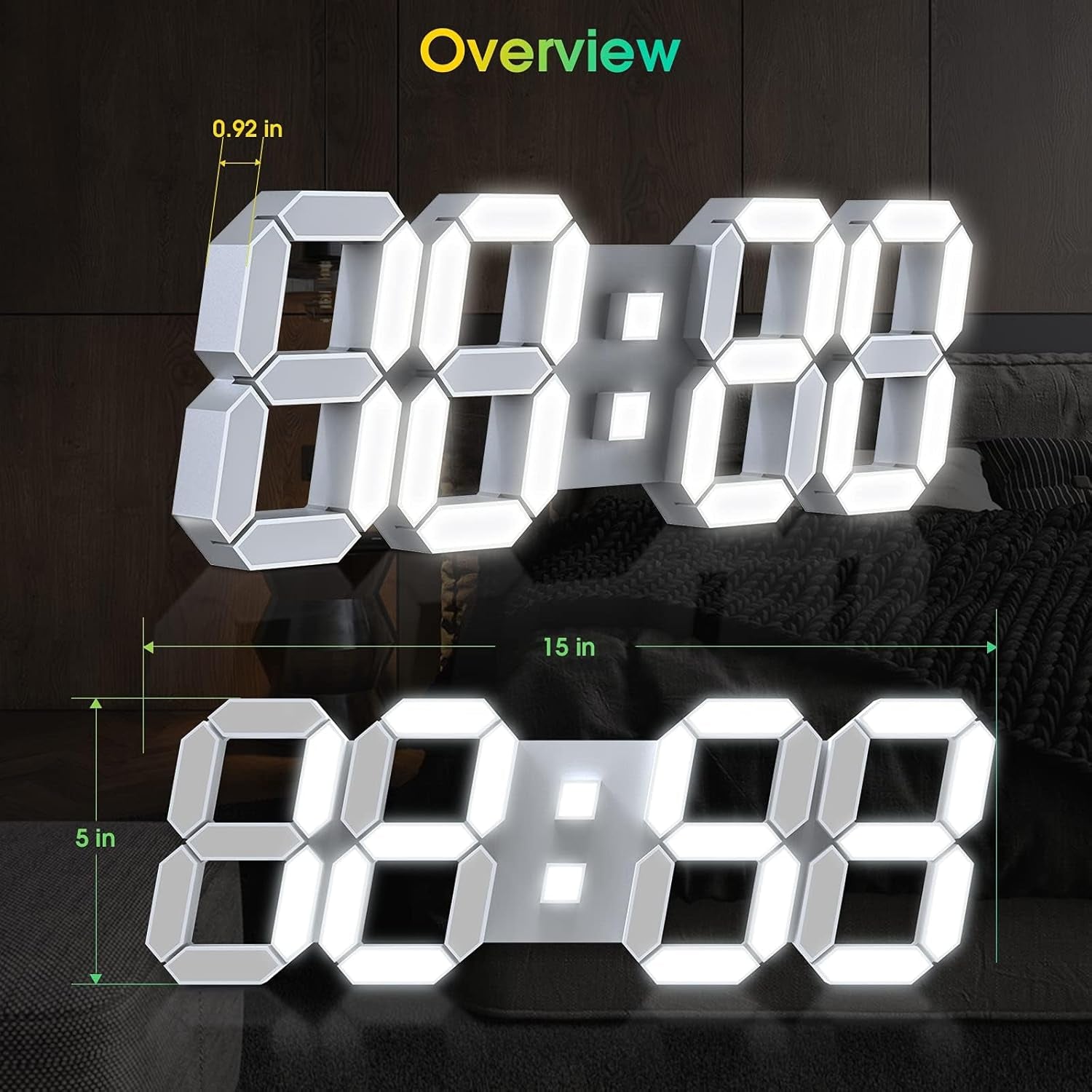 3D LED Wall Clock 15” with Remote Control, Alarm Clock for Office Home, Adjustable Brightness, 12/24 Hour Display, Night Light, Temperature, Looping Display