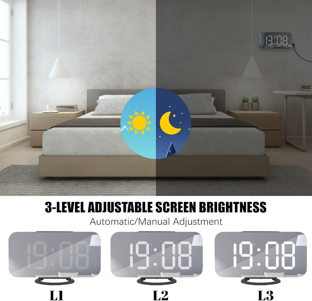 Digital Alarm Clock, Large LED Display, with USB Charger, Snooze Function Dim Mode Wall Hanging beside Desk Clock for Bedroom Black Room Decor