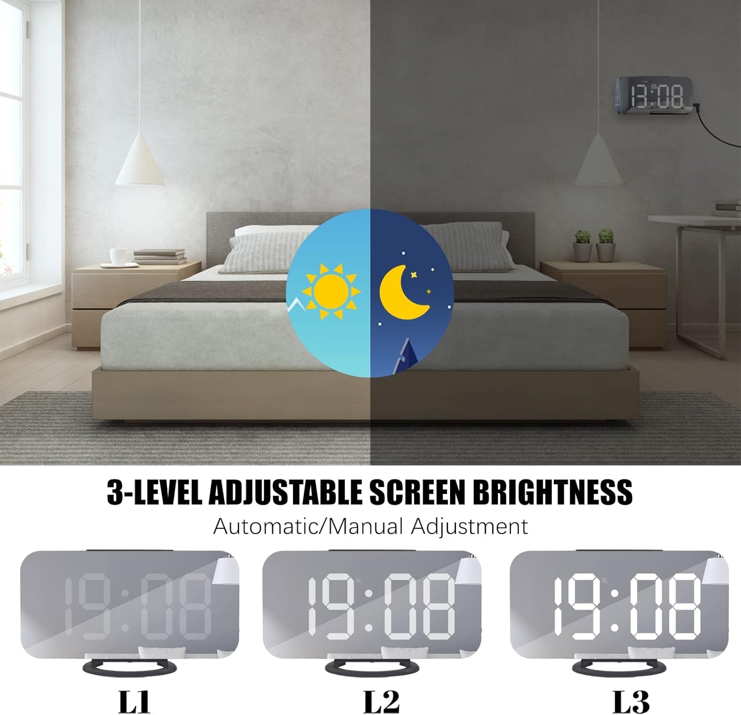 Digital Alarm Clock, Large LED Display, with USB Charger, Snooze Function Dim Mode Wall Hanging beside Desk Clock for Bedroom Black Room Decor