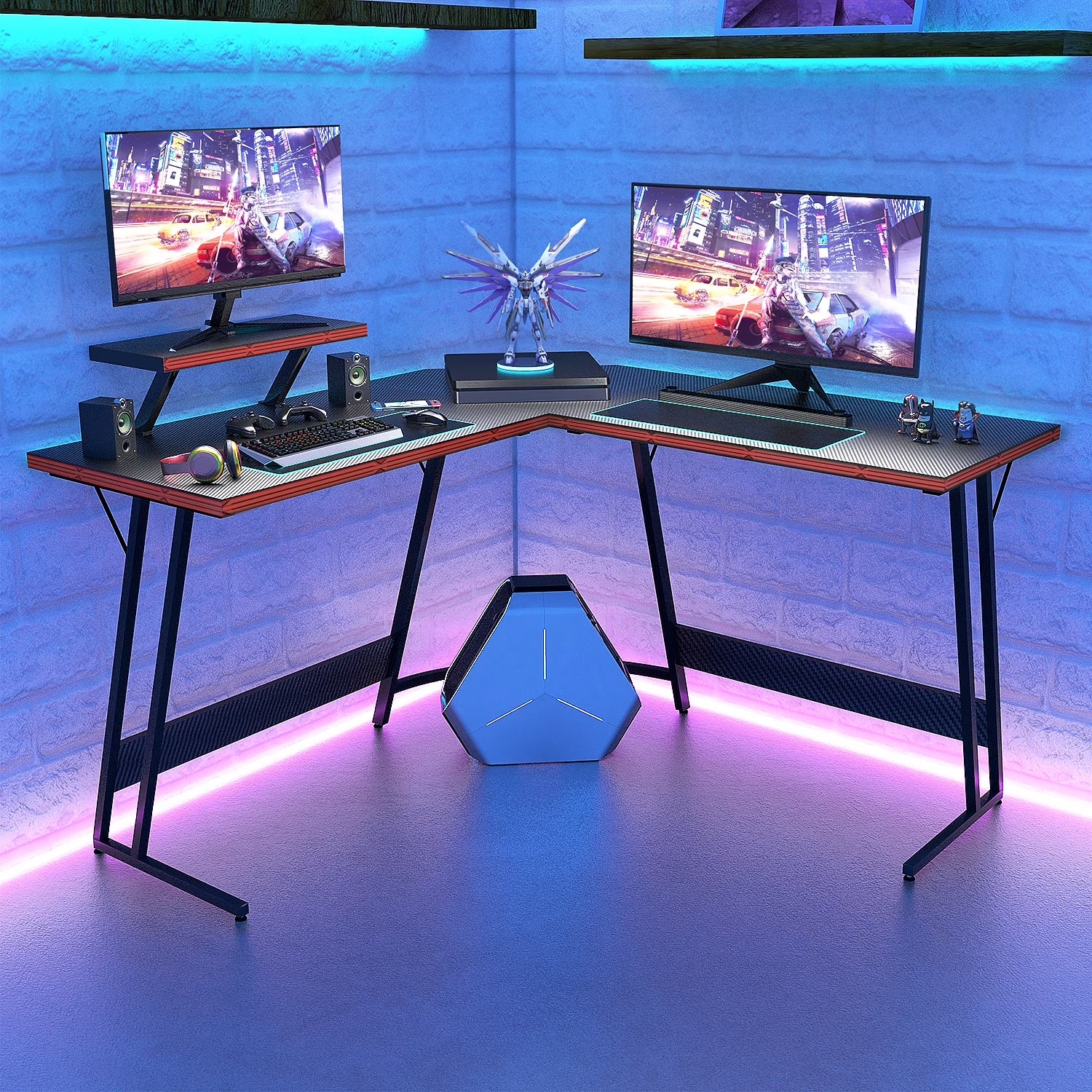 51.2“ Gaming Desk L-Shaped Carbon Fiber Surface Gaming Corner Desk Table, Black